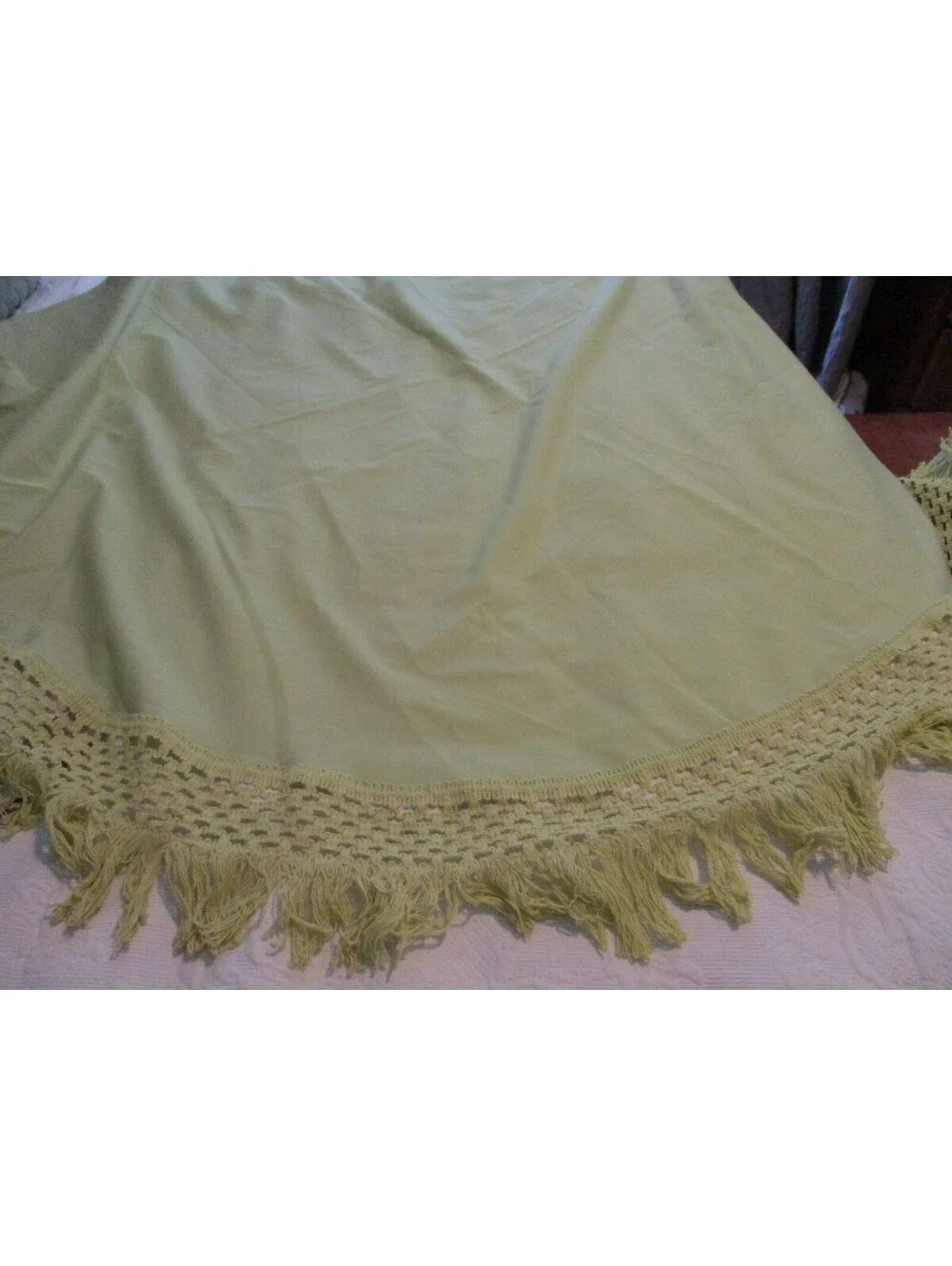 Vintage 1970s Avocado Green Rectangular Tablecloth 64x70 Macrame Fringe MCM